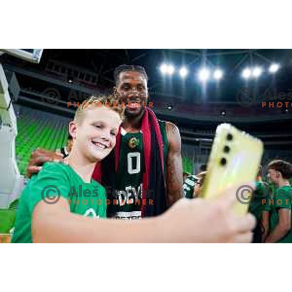 DJ Stewart of Cedevita Olimpija with fans after preseason friendly match between Cedevita Olimpija and Cedevita Zagreb in Ljubljana, Slovenia on September 12, 2025. Photo: Filip Barbalic