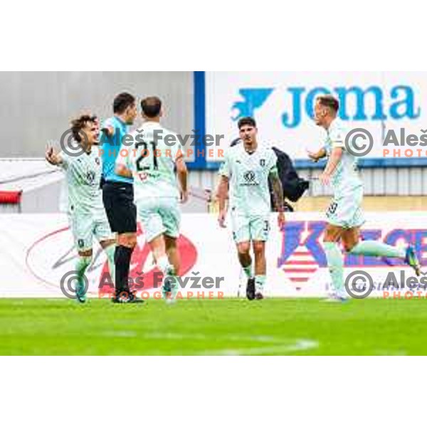 Ivan Durdov and players of Olimpija celebrate a goal during Prva liga Telemach 2025/2026 football match between Kalcer Radomlje and Olimpija in Domzale, Slovenia on September 13, 2025