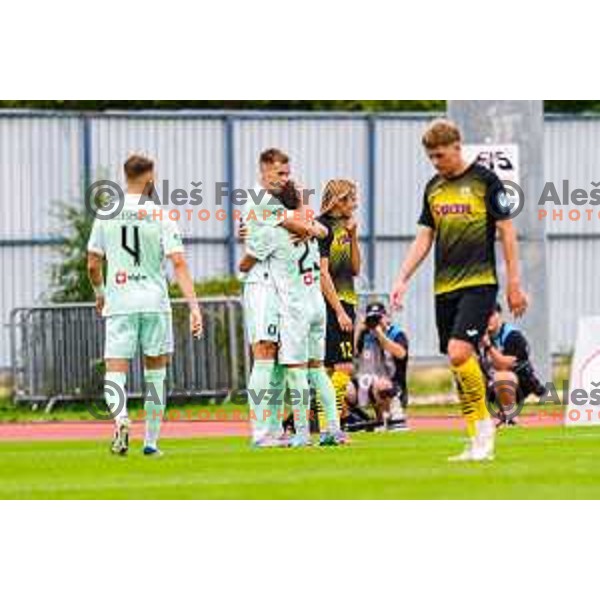 Ivan Durdov and players of Olimpija celebrate a goal during Prva liga Telemach 2025/2026 football match between Kalcer Radomlje and Olimpija in Domzale, Slovenia on September 13, 2025