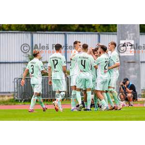 Ivan Durdov and players of Olimpija celebrate a goal during Prva liga Telemach 2025/2026 football match between Kalcer Radomlje and Olimpija in Domzale, Slovenia on September 13, 2025