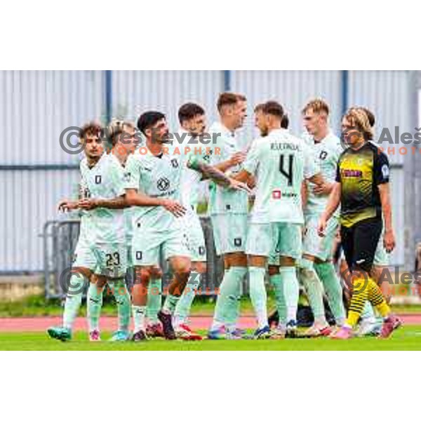 Ivan Durdov and players of Olimpija celebrate a goal during Prva liga Telemach 2025/2026 football match between Kalcer Radomlje and Olimpija in Domzale, Slovenia on September 13, 2025