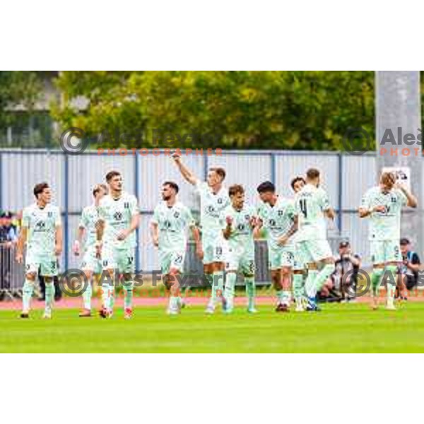 Ivan Durdov and players of Olimpija celebrate a goal during Prva liga Telemach 2025/2026 football match between Kalcer Radomlje and Olimpija in Domzale, Slovenia on September 13, 2025