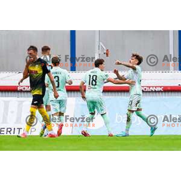 Marko Brest and Diogo Pinto of Olimpija celebrate a goal during Prva liga Telemach 2025/2026 football match between Kalcer Radomlje and Olimpija in Domzale, Slovenia on September 13, 2025