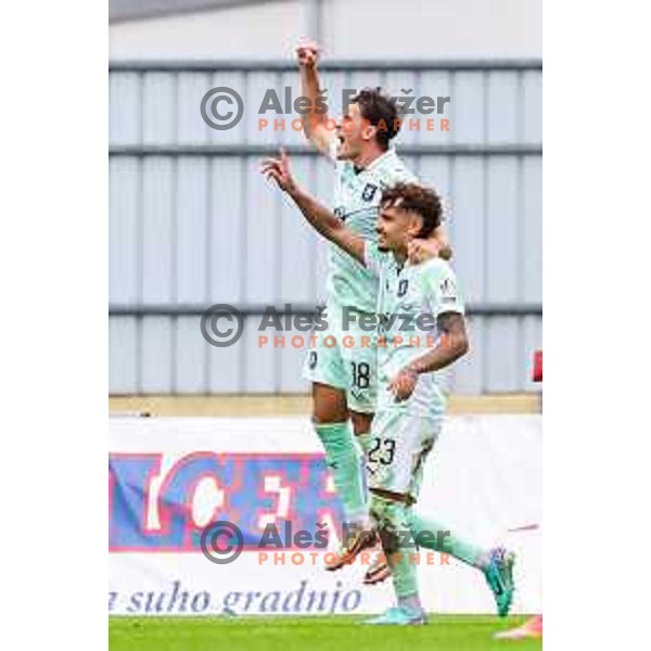 Marko Brest and Diogo Pinto of Olimpija celebrate a goal during Prva liga Telemach 2025/2026 football match between Kalcer Radomlje and Olimpija in Domzale, Slovenia on September 13, 2025