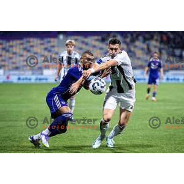 Hilal Soudani vs Nejc Ajhmajer in action during Prva liga Telemach 2025/26 football match between NK Maribor and NK Mura in Ljudski vrt, Maribor, Slovenia on September 13, 2025. Photo: Jure Banfi
