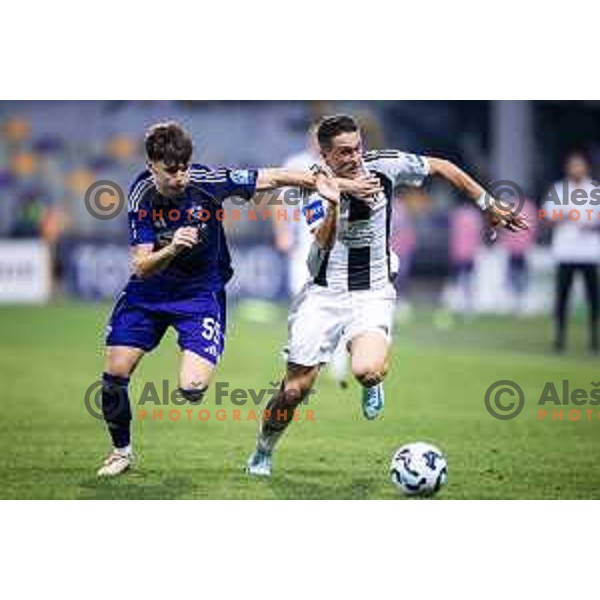 Mark Spanring vs Nejc Ajhmajer in action during Prva liga Telemach 2025/26 football match between NK Maribor and NK Mura in Ljudski vrt, Maribor, Slovenia on September 13, 2025. Photo: Jure Banfi