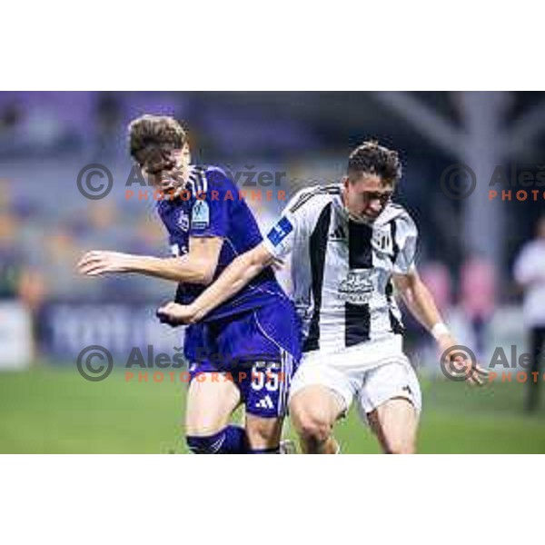 Mark Spanring vs Nejc Ajhmajer in action during Prva liga Telemach 2025/26 football match between NK Maribor and NK Mura in Ljudski vrt, Maribor, Slovenia on September 13, 2025. Photo: Jure Banfi