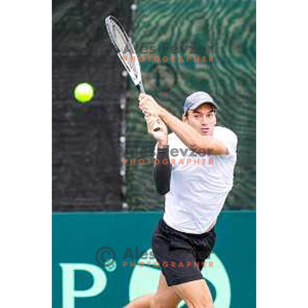 Filip Jeff Planinsek of Slovenia in action during Davis Cup match between Slovenia and Urugvay in Ljubljana, Slovenia on September 13, 2025