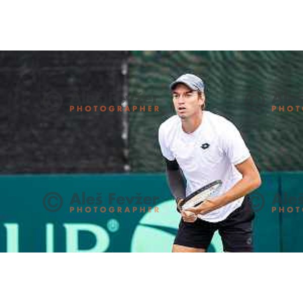 Filip Jeff Planinsek of Slovenia in action during Davis Cup match between Slovenia and Urugvay in Ljubljana, Slovenia on September 13, 2025