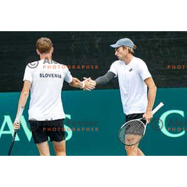 Bor Artnak and Filip Jeff Planinsek of Slovenia during Davis Cup match between Slovenia and Urugvay in Ljubljana, Slovenia on September 13, 2025