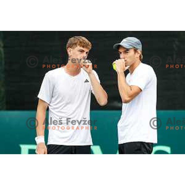 Bor Artnak and Filip Jeff Planinsek of Slovenia during Davis Cup match between Slovenia and Urugvay in Ljubljana, Slovenia on September 13, 2025