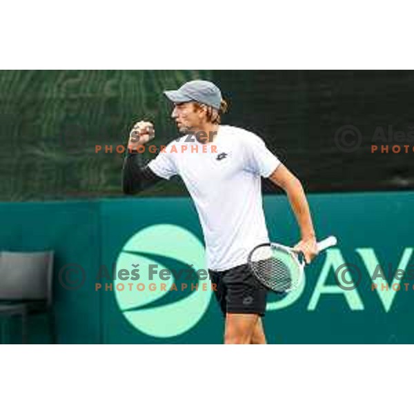 Filip Jeff Planinsek of Slovenia in action during Davis Cup match between Slovenia and Urugvay in Ljubljana, Slovenia on September 13, 2025