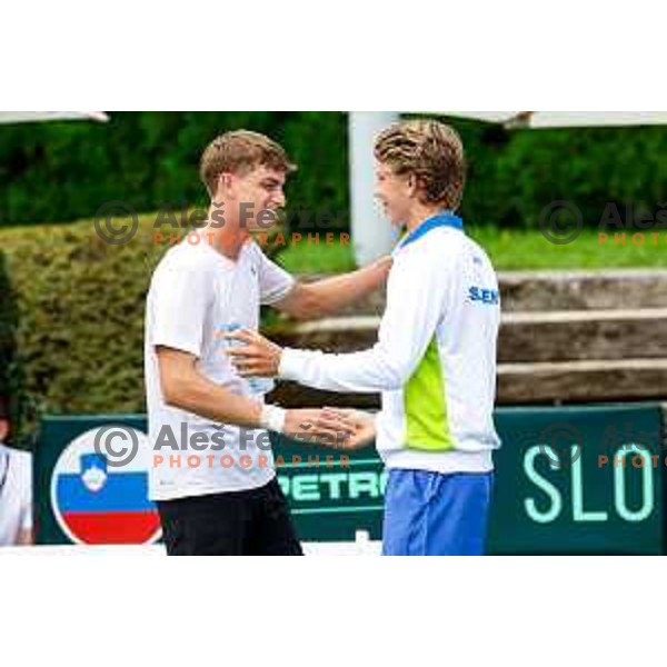 Bor Artnak and Ziga Sesko of Slovenia during Davis Cup match between Slovenia and Urugvay in Ljubljana, Slovenia on September 13, 2025
