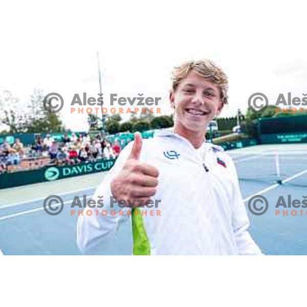 Ziga Sesko of Slovenia during Davis Cup match between Slovenia and Urugvay in Ljubljana, Slovenia on September 13, 2025