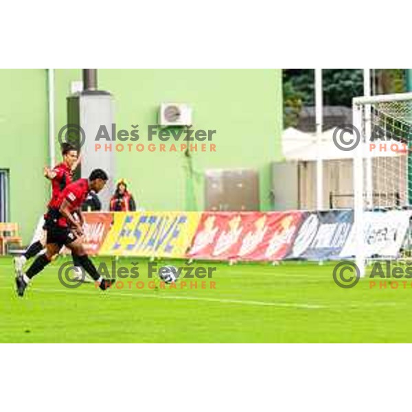 Roger Murillo Andrety and players of Primorje celebrate a goal during Prva liga Telemach 2025/2026 football match between Primorje and Aluminij in Ajdovscina, Slovenia on September 14, 2025
