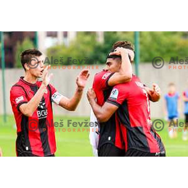 Roger Murillo Andrety and players of Primorje celebrate a goal during Prva liga Telemach 2025/2026 football match between Primorje and Aluminij in Ajdovscina, Slovenia on September 14, 2025