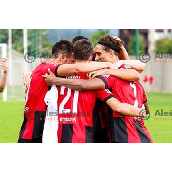 Roger Murillo Andrety and players of Primorje celebrate a goal during Prva liga Telemach 2025/2026 football match between Primorje and Aluminij in Ajdovscina, Slovenia on September 14, 2025