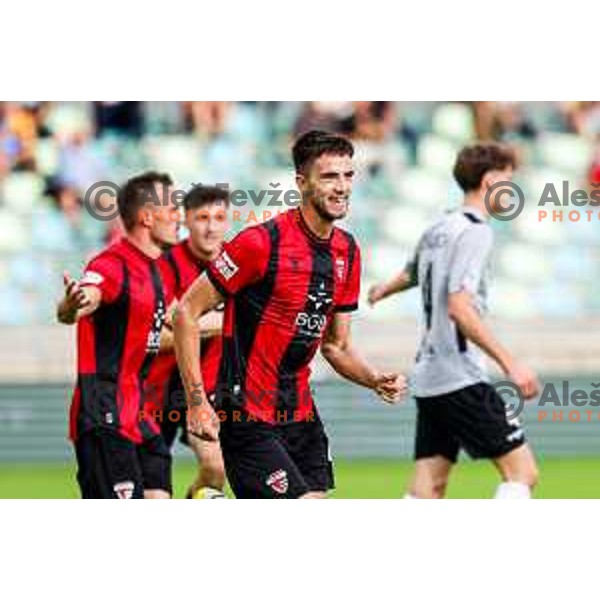 Zan Besir and players of Primorje celebrate a goal during Prva liga Telemach 2025/2026 football match between Primorje and Aluminij in Ajdovscina, Slovenia on September 14, 2025