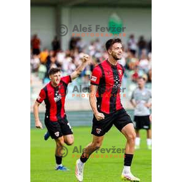 Zan Besir and players of Primorje celebrate a goal during Prva liga Telemach 2025/2026 football match between Primorje and Aluminij in Ajdovscina, Slovenia on September 14, 2025