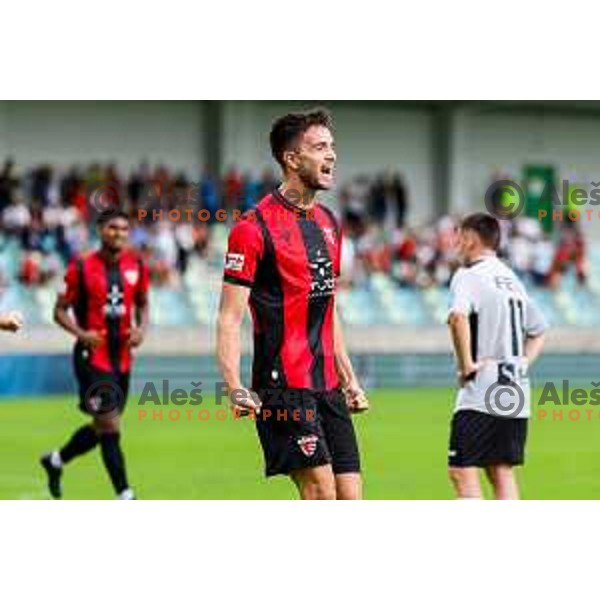 Zan Besir and players of Primorje celebrate a goal during Prva liga Telemach 2025/2026 football match between Primorje and Aluminij in Ajdovscina, Slovenia on September 14, 2025