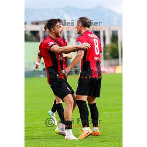 Zan Besir and players of Primorje celebrate a goal during Prva liga Telemach 2025/2026 football match between Primorje and Aluminij in Ajdovscina, Slovenia on September 14, 2025