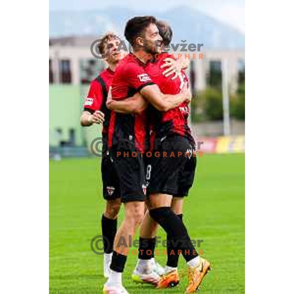 Zan Besir and players of Primorje celebrate a goal during Prva liga Telemach 2025/2026 football match between Primorje and Aluminij in Ajdovscina, Slovenia on September 14, 2025