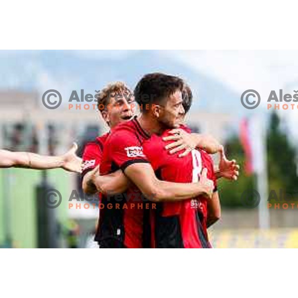 Zan Besir and players of Primorje celebrate a goal during Prva liga Telemach 2025/2026 football match between Primorje and Aluminij in Ajdovscina, Slovenia on September 14, 2025