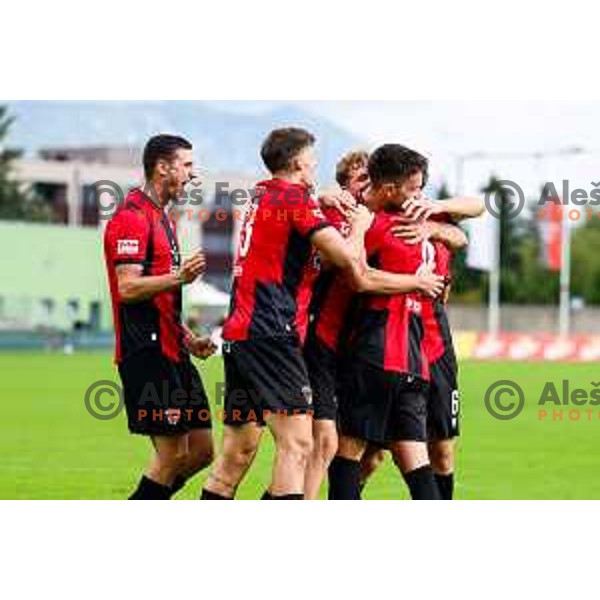 Zan Besir and players of Primorje celebrate a goal during Prva liga Telemach 2025/2026 football match between Primorje and Aluminij in Ajdovscina, Slovenia on September 14, 2025