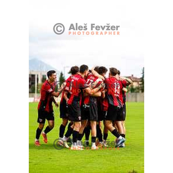 Zan Besir and players of Primorje celebrate a goal during Prva liga Telemach 2025/2026 football match between Primorje and Aluminij in Ajdovscina, Slovenia on September 14, 2025