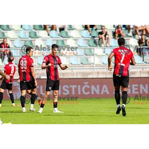 Zan Besir and players of Primorje celebrate a goal during Prva liga Telemach 2025/2026 football match between Primorje and Aluminij in Ajdovscina, Slovenia on September 14, 2025