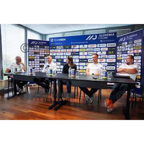 Uros Murn, Mia Radotic, Nace Korosec and Martin Hvastija at press conference of Slovenia Cycling Federation in Ljubljana, Slovenia on September 16, 2025 before departure to World Championship. Photo: Filip Barbalic