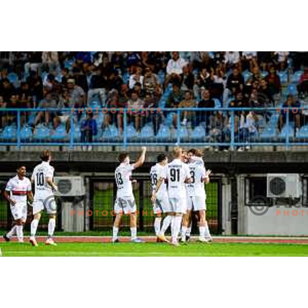 Haris Kadric and players of Primorje celebrate a goal during second round of Pivovarna Union Slovenian Cup football match between Gorica and Primorje in Nova Gorica, Slovenia on September 17, 2025