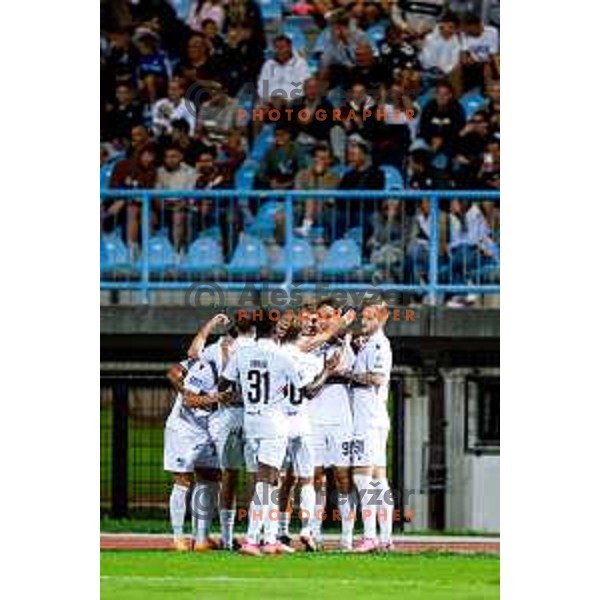 Haris Kadric and players of Primorje celebrate a goal during second round of Pivovarna Union Slovenian Cup football match between Gorica and Primorje in Nova Gorica, Slovenia on September 17, 2025