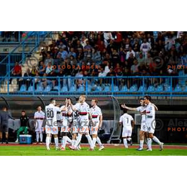 Haris Kadric and players of Primorje celebrate a goal during second round of Pivovarna Union Slovenian Cup football match between Gorica and Primorje in Nova Gorica, Slovenia on September 17, 2025