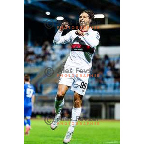 Haris Kadric of Primorje celebrates a goal during second round of Pivovarna Union Slovenian Cup football match between Gorica and Primorje in Nova Gorica, Slovenia on September 17, 2025