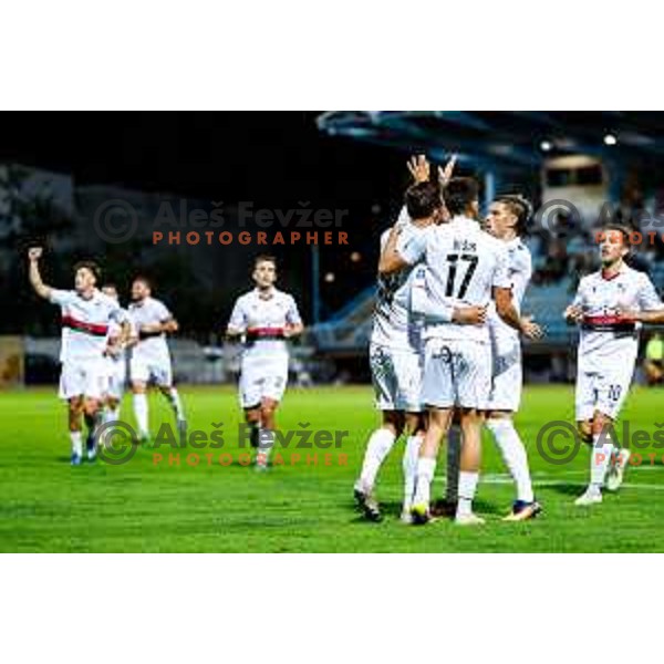 Haris Kadric and players of Primorje celebrate a goal during second round of Pivovarna Union Slovenian Cup football match between Gorica and Primorje in Nova Gorica, Slovenia on September 17, 2025