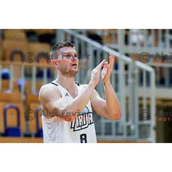 Edo Muric in action during friendly basketball match between Ilirija (SLO) and NKA Universitas Pecs (HUN) in Tivoli Hall, Ljubljana, Slovenia on September 20, 2025
