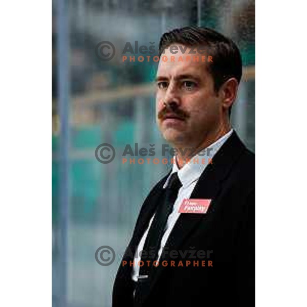 Ben Cooper, head coach of HK SZ Olimpija Ljubljana in action during IceHL 2025/2026 ice-hockey match between SZ Olimpija and Pioneers Vorarlberg in Tivoli Hall, Ljubljana, Slovenia on September 21, 2025