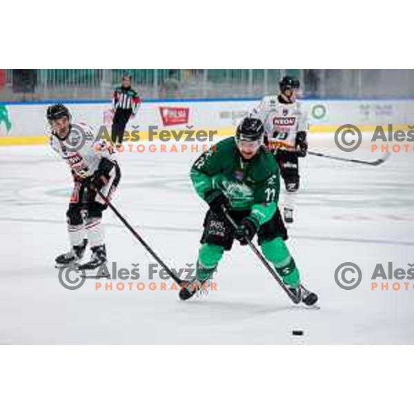 Marly Quince of HK SZ Olimpija Ljubljana in action during IceHL 2025/2026 ice-hockey match between SZ Olimpija and Pioneers Vorarlberg in Tivoli Hall, Ljubljana, Slovenia on September 21, 2025