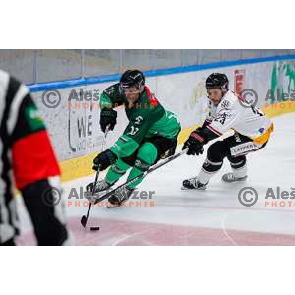 Jaka Sodja of HK SZ Olimpija Ljubljana in action during IceHL 2025/2026 ice-hockey match between SZ Olimpija and Pioneers Vorarlberg in Tivoli Hall, Ljubljana, Slovenia on September 21, 2025