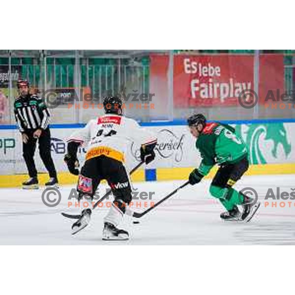 Marcel Mahkovec of HK SZ Olimpija Ljubljana in action during IceHL 2025/2026 ice-hockey match between SZ Olimpija and Pioneers Vorarlberg in Tivoli Hall, Ljubljana, Slovenia on September 21, 2025