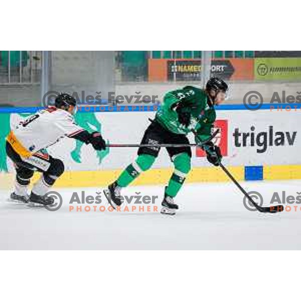 T.J. Brennan of HK SZ Olimpija Ljubljana in action during IceHL 2025/2026 ice-hockey match between SZ Olimpija and Pioneers Vorarlberg in Tivoli Hall, Ljubljana, Slovenia on September 21, 2025
