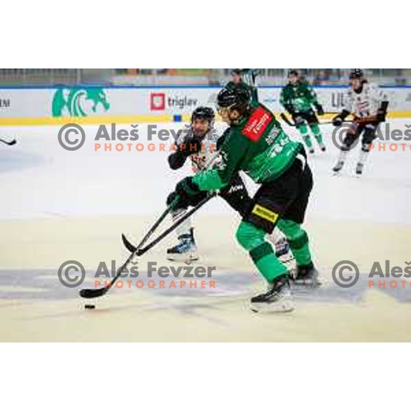 in action during IceHL 2025/2026 ice-hockey match between SZ Olimpija and Pioneers Vorarlberg in Tivoli Hall, Ljubljana, Slovenia on September 21, 2025