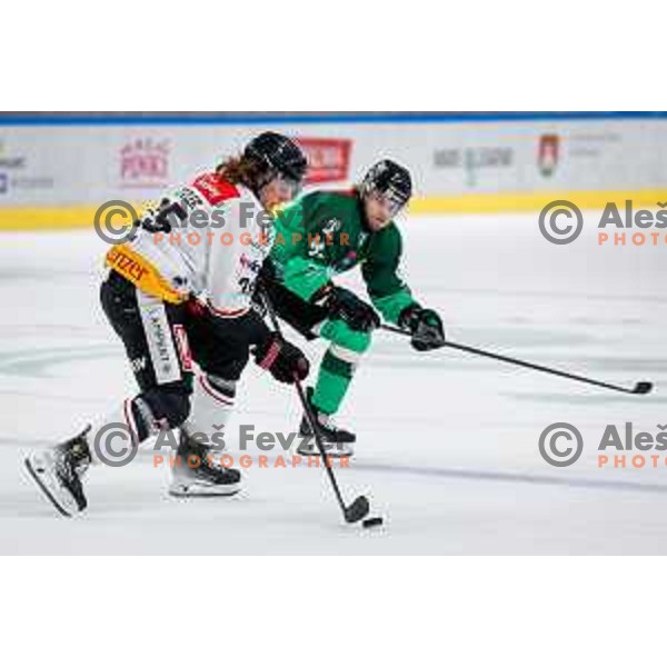 in action during IceHL 2025/2026 ice-hockey match between SZ Olimpija and Pioneers Vorarlberg in Tivoli Hall, Ljubljana, Slovenia on September 21, 2025