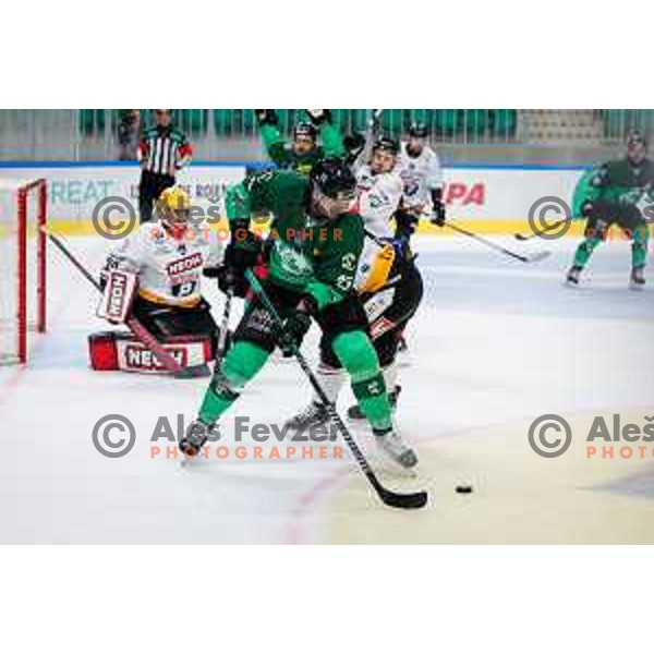 in action during IceHL 2025/2026 ice-hockey match between SZ Olimpija and Pioneers Vorarlberg in Tivoli Hall, Ljubljana, Slovenia on September 21, 2025