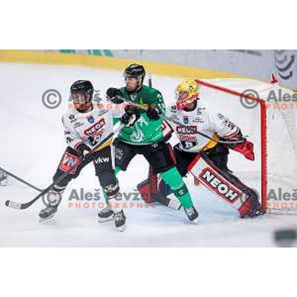 in action during IceHL 2025/2026 ice-hockey match between SZ Olimpija and Pioneers Vorarlberg in Tivoli Hall, Ljubljana, Slovenia on September 21, 2025