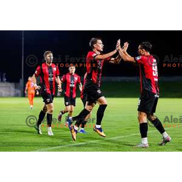 Elian Demirovic and Haris Kadric celebrate a goal during Prva liga Telemach 2025/2026 football match between Primorje and Celje in Ajdovscina, Slovenia on September 21, 2025