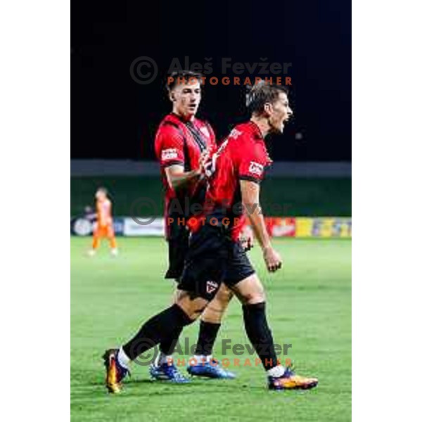 Elian Demirovic celebrates a goal during Prva liga Telemach 2025/2026 football match between Primorje and Celje in Ajdovscina, Slovenia on September 21, 2025