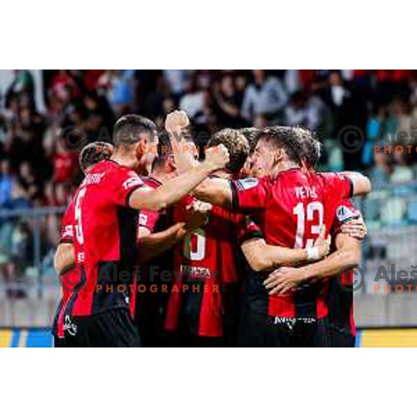 Gasper Petek and players of Primorje celebrate a goal during Prva liga Telemach 2025/2026 football match between Primorje and Celje in Ajdovscina, Slovenia on September 21, 2025