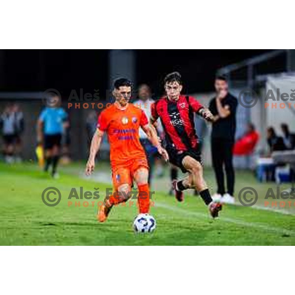 Juan Nieto and Maj Fogec in action during Prva liga Telemach 2025/2026 football match between Primorje and Celje in Ajdovscina, Slovenia on September 21, 2025